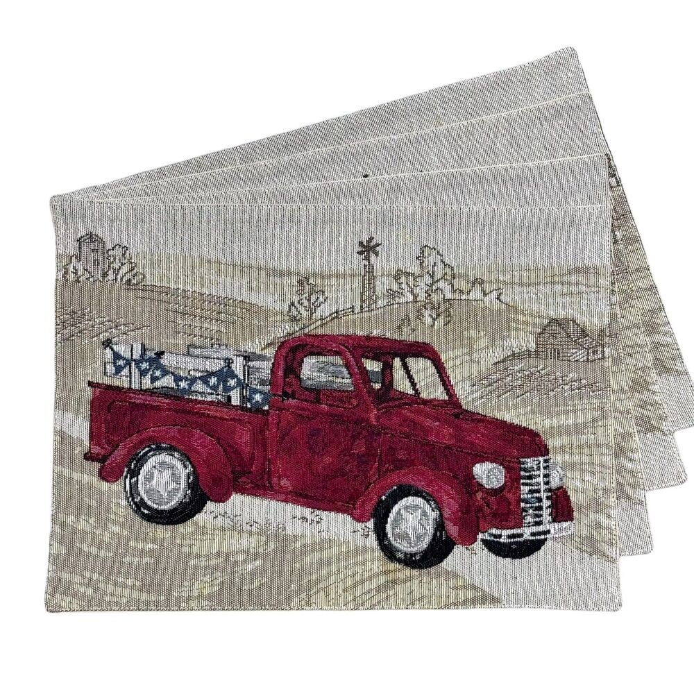 Set Of 4 Celebrate‎ Americana Vintage Red Truck Tapestry Placemat USA 4thof July